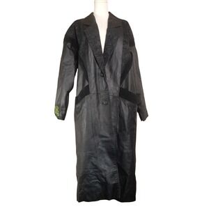 Vintage Comint Black Genuine Leather Lace Suede Long Trench Coat Jacket Womens L